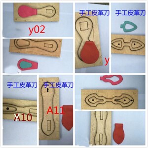 May include: A set of six leather craft cutting dies, made of wood, with various shapes and sizes. The dies are labeled with the text "y02", "A11", and "X10". The dies are used to cut leather for crafting projects.