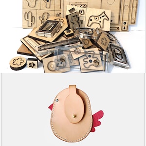 May include: A set of leather craft punch dies with various shapes, including a cactus, a bear, a horse, a flower, and a circle. The dies are made of metal and wood and are used to cut leather for crafting projects.