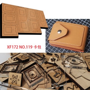 May include: A set of leather craft tools for making a wallet. The tools include a template for cutting out the leather, a punch for making holes, and a stitching awl. The tools are made of wood and metal. The image also shows a finished leather wallet.