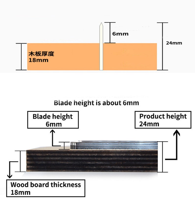Puede incluir: Diagrama que muestra las dimensiones de un producto con una altura de cuchilla de 6 mm y una altura total de 24 mm. El producto est&aacute; hecho de madera con un grosor de 18 mm.