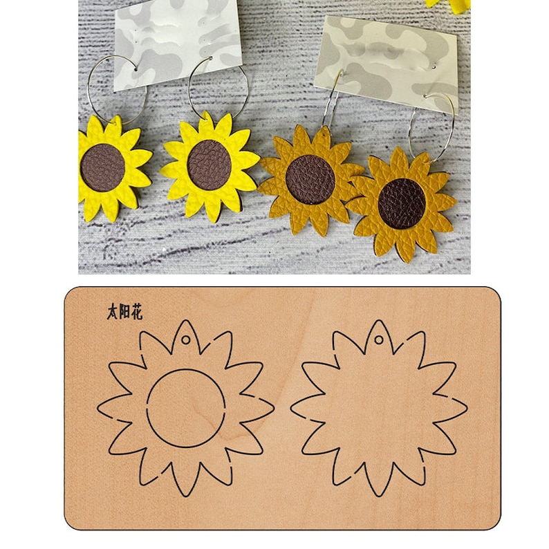May include: Two pairs of sunflower earrings made from faux leather. The earrings are yellow with brown centers and are attached to silver hoops. The image also shows a wooden template for cutting out the sunflower shapes.