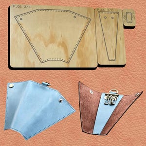 May include: A wooden leathercraft die set with three pieces, labeled PJ06 3/1, PJ06 3/2, and PJ06 3/3. Below are two finished leather items: a light blue wallet and a brown and blue key holder. The key holder has a gold-colored clasp.