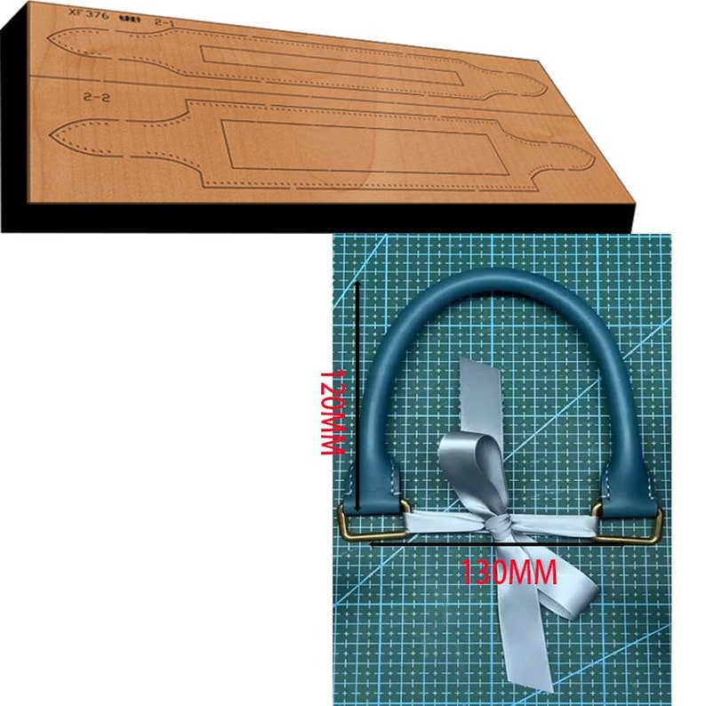 May include: A blue leather handle with gold metal hardware. The handle is 120mm tall and 130mm wide.