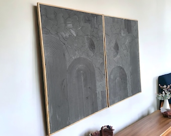 Framed Set of 2 Textured Wall Art, Handmade Plaster Canvas, Minimalist Boho Decor