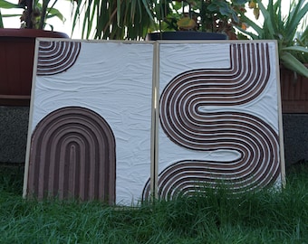 Set of 2 Textured Canvas Art, Boho Plaster Painting, Mid Century Modern Decor
