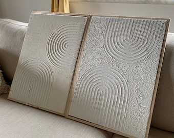 Framed Set of 2 Boho Wall Art, Textured Plaster Canvas, Minimalist Living Room Decor