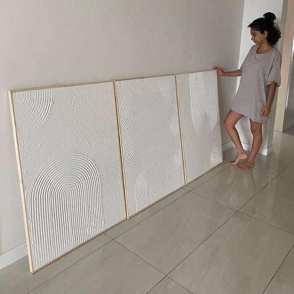 White Textured Wall Art - Modern Minimalist Japandi Wabi-Sabi Plaster Canvas Painting Home Decor