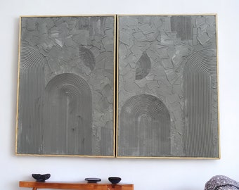 Arte mural texturizado Wabi Sabi gris artesanal, arte mural de yeso 3D, arte mural minimalista, lienzo texturizado, pintura texturizada, arte de mediados de siglo