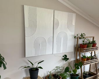 XLarge Set of 2 Plaster Canvas Wall Art, White Minimalist Textured Art