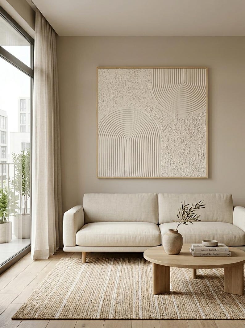 Op de afbeelding: Een vierkant wandkunstwerk met een beige getextureerd oppervlak met verhoogde concentrische boogpatronen, ingelijst in licht hout. Het kunstwerk hangt boven een beige bank, een ronde houten salontafel en een gestreept geweven vloerkleed.