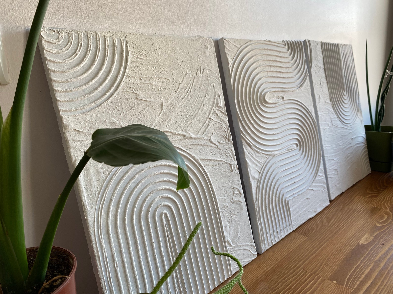 Set of 3 Boho Plaster Wall Art, Textured Wall Art, Textured Art Canvas