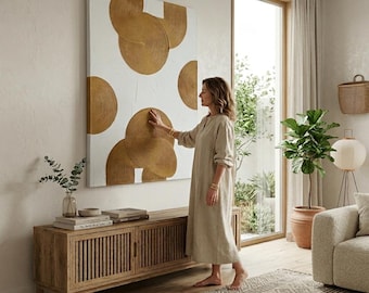 Cuadro decorativo moderno texturizado hecho a mano con patrones circulares mostaza en 3D, abstracto, de yeso, estilo bohemio minimalista, ideal para dormitorio o sala de estar.