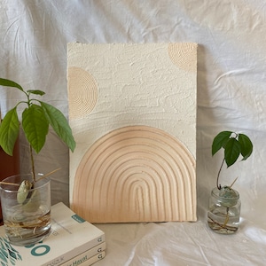 May include: A white canvas with a textured surface and three raised, concentric circles in beige. The circles are arranged in a semi-circle shape. The canvas is leaning against a white surface.