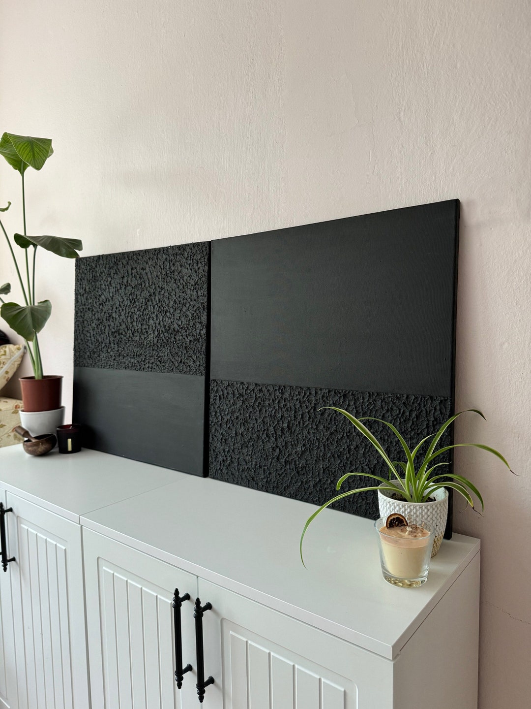 Black Wabi Sabi 3D Textured Wall Art, Minimalist Abstract Painting ...