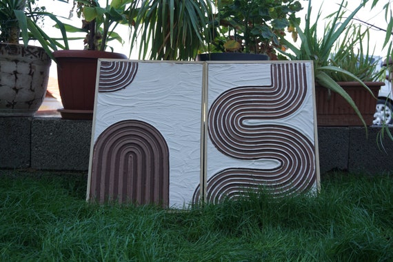 Set of 2 Boho Mid Century Modern Art, Plaster Wall Art, Spackle Wall Art, Textured Art Canvas, Textured Painting, Boho Home Decor,Boho Decor