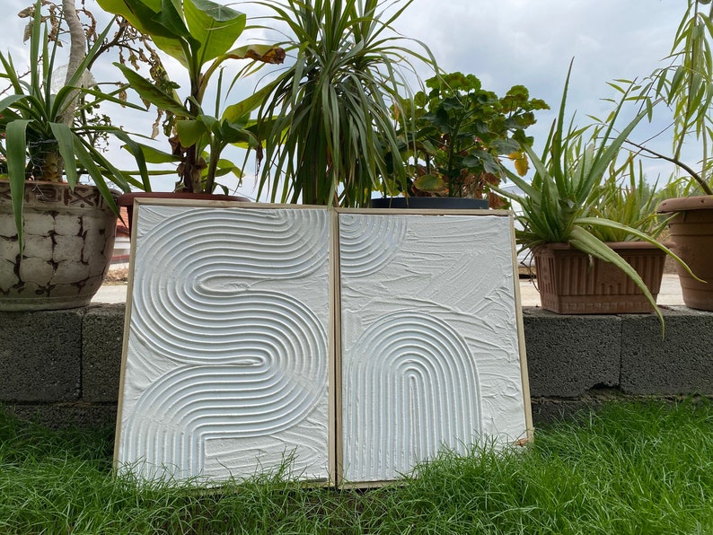 Large White Framed Canvas - Modern Wabi Sabi 3D Textured Painting Set ...