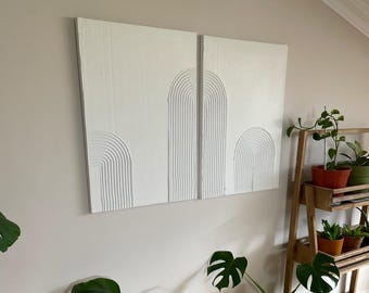 XLarge Set of 2 White Plaster Wall Art, Textured Canvas Painting, Boho Minimal Art, Neutral Wall Decor for Living Room