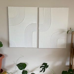 Set von 2 handgefertigte strukturierte Wandkunst, Gips Leinwand Kunst, moderne Boho-Wand-Dekor, minimalistische Kunst für Schlafzimmer & Wohnzimmer