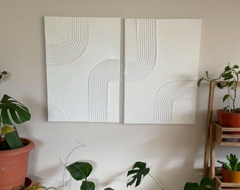 Juego de 2 lienzos de yeso texturizados hechos a mano, decoración de pared bohemia moderna, arte minimalista para dormitorio y sala de estar.