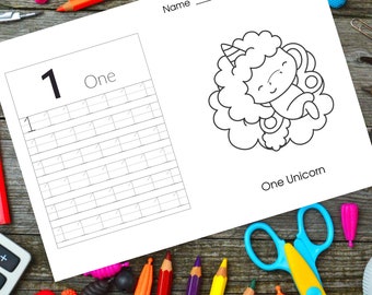Numero tracciabile Baby Unicorns Pagina da colorare Pre-K Kindergarten Homeschool Teacher Tovaglietta grande stampabile