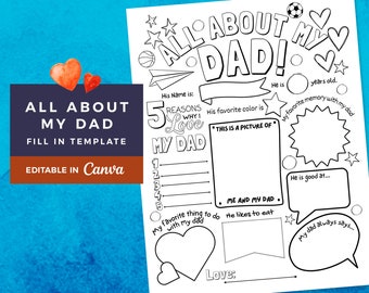 Todo Sobre Mi Papá / Rellenar Plantilla / Día del Padre / Regalos para Papá / Imprimible / Todo sobre Papá / Abuelo Papá / Cuestionario