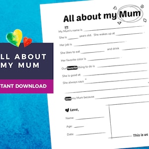Todo sobre mi mamá / Complete el espacio en blanco / Día de la Madre / Regalos para mamá / Imprimible / Todo sobre mamá / Descargar