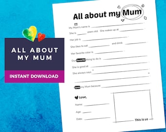 All About My Mum | Fill In the Blank  | Mother's Day | Gifts for Mum | Printable | All about Mum | Download
