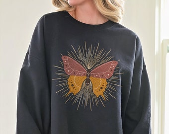 Boho Butterfly Shirt, Aesthetic Sweatshirt, Trendy Butterflies Cottagecore Sweater, Vintage Graphic Celestial Moon Moth, Yoga Teacher Gift