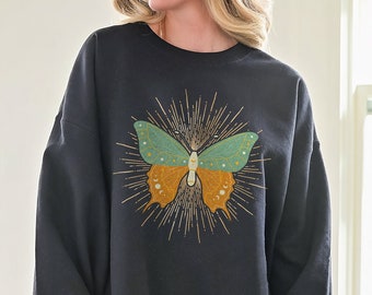 Boho Butterfly Shirt, Aesthetic Sweatshirt, Trendy Butterflies Cottagecore Sweater, Vintage Graphic Celestial Moon Moth Yoga Instructor Gift