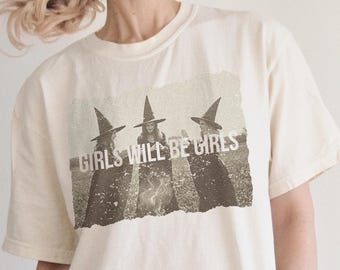 Maglietta da strega Girls Will Be Girls, colori comodi, maglietta femminista, regalo estetica da strega, maglietta gotica, maglietta ironica, maglietta meme sarcastica, regalo da donna