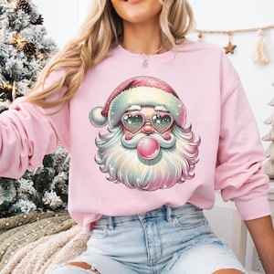 Retro Christmas Sweatshirt Women - Pink Santa Funny Shirt - Cute Christmas Gift Girls - Christmas Party Holiday Sweater