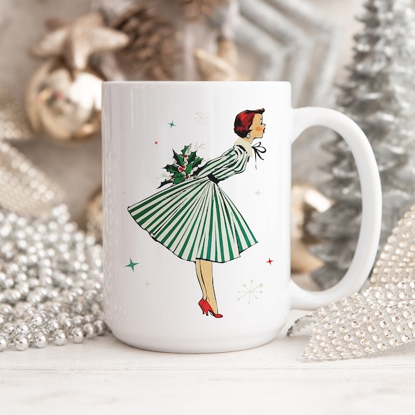 Retro Christmas Coffee Mug Gift for Her, Vintage Christmas Mug, Mid Century Modern Christmas Decor, Coffee Lover Gifts, 1950s Christmas Lady