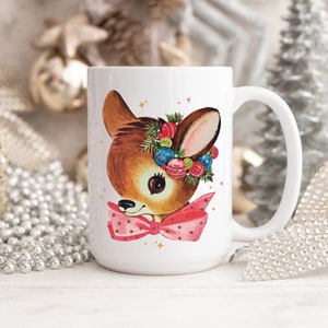 Retro Christmas Mug Holiday Gift, Retro Reindeer Pink Christmas, Cottagecore Deer, Retro Christmas Coffee Lover Gifts, Vintage Christmas Mug