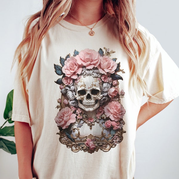 Pink Halloween Shirt, Gothic Floral Skull TShirt, Vintage Comfort Colors, Skeleton Teacher Shirt, Dark Academia Aesthetic, Halloween Costume