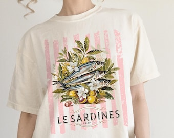 Sardine Shirt Comfort Colors Tee Les Sardines French Vintage Graphic TShirt Mediterranean Kitchen Aesthetic Coastal Summer Foodie Tee Gift