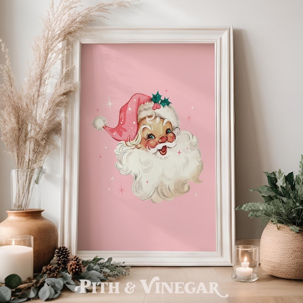 Descarga de arte mural navideño retro - Póster navideño imprimible - Fiesta de Papá Noel rosa imprimible - Regalo de decoración navideña vintage para el hogar