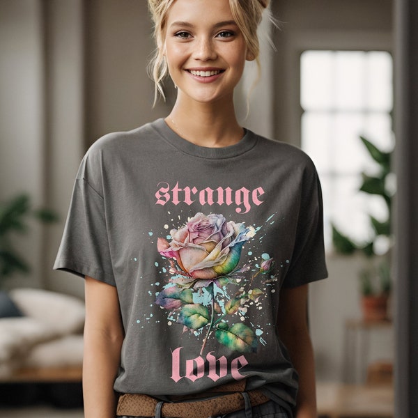 Retro 90s Shirt, Pink Floral Comfort Colors TShirt, Strange Love Gothic Rose T-Shirt, 80s Graffiti Flowers Grunge Top, Vintage Graphic Tee