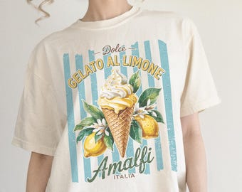 Camiseta de limón Amalfi Italia, camiseta de colores cómodos, camiseta retro de verano, estética costera, gráfico de frutas, camiseta vintage italiana de viaje, camiseta de estilo preppy