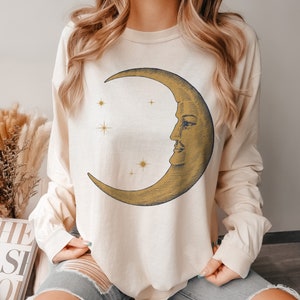 Boho Moon Shirt, Comfort Colors Long Sleeve Graphic Tee, Vintage Aesthetic Shirt, Celestial Cottagecore Dark Academia Shirt, Birthday Gift