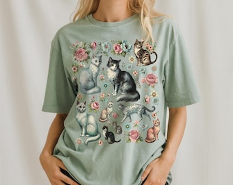 Retro-Katzen-Shirt - Komfortfarben Vintage-Grafik-T-Shirt, übergroßes ästhetisches Katzenliebhabergeschenk