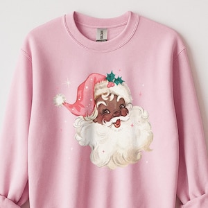 Black Santa Christmas Sweatshirt — Retro Pink Santa Crewneck, Vintage Christmas Shirt