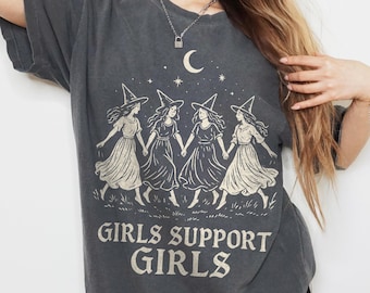Comfort Colors Witch Shirt Girls Support Girls Feminist Shirt Coven Vintage Halloween Shirt Witchy Gift Spooky Season Gothic Shirt Fall Tee