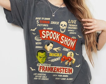 Maglietta di Halloween Comfort Colors Retro Spook Show Dracula Frankenstein Mummia Classico Mostro Vintage Horror Grafica Spettrale Stagione Autunno Maglietta