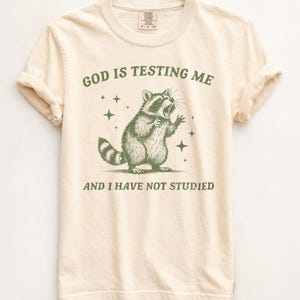 Camiseta "Dios me está poniendo a prueba" — Camiseta divertida con meme de Comfort Colors, camiseta retro de mapache, camiseta sarcástica