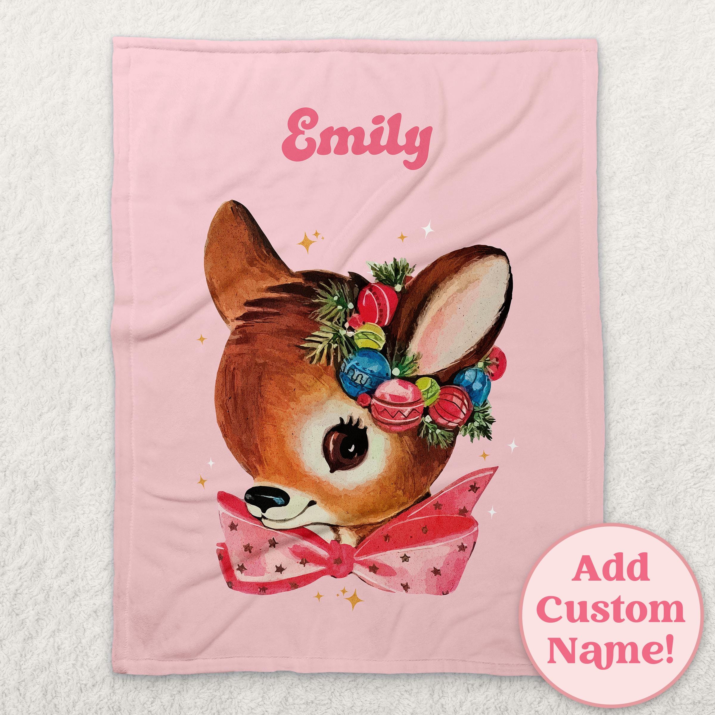 Personalized Blanket Christmas Kids Gift, Retro Christmas Reindeer Custom Name Blanket, New Baby Blanket, Family Christmas Personalized Gift