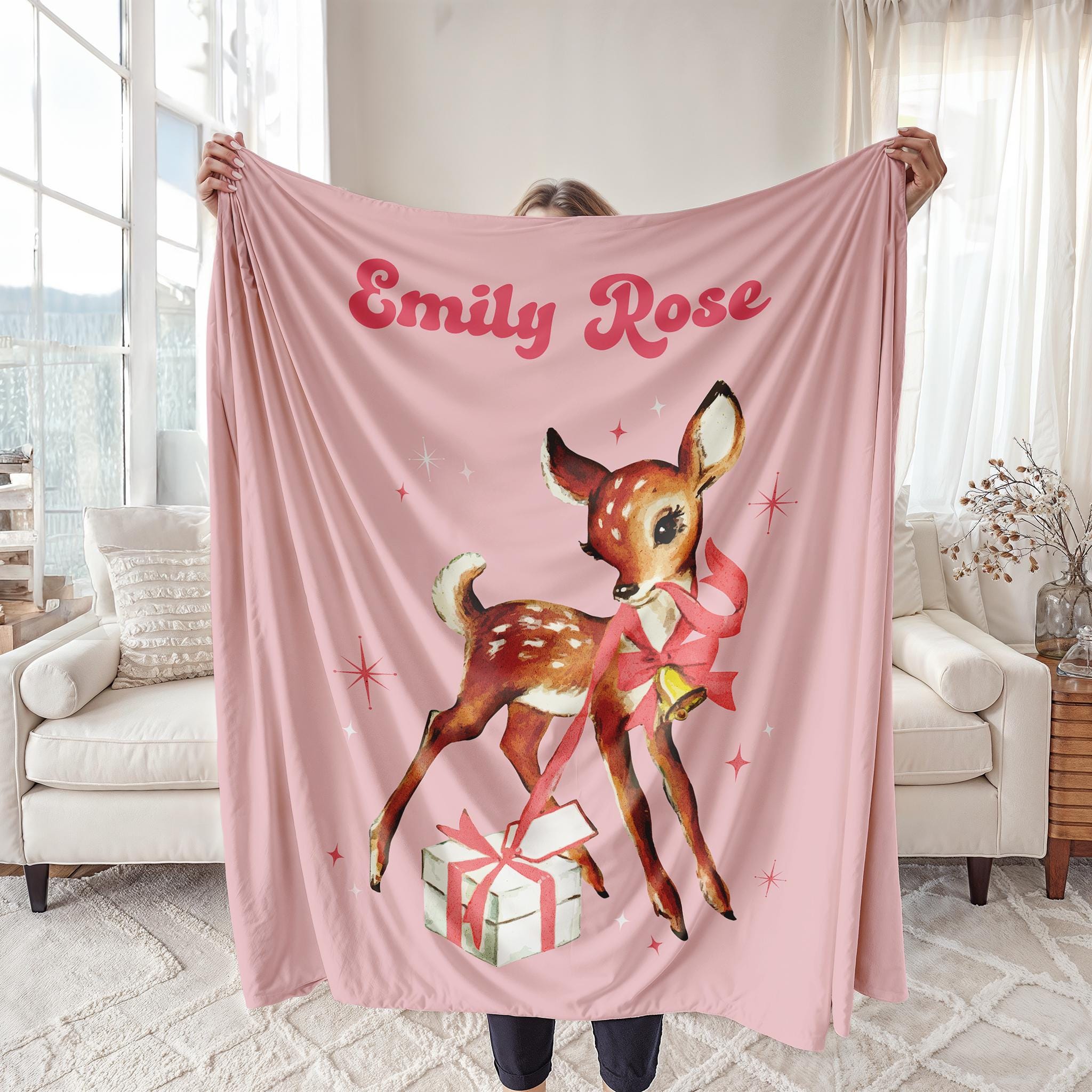 Personalized Blanket Gift Christmas Kids, Retro Christmas Reindeer Custom Name Blanket, New Baby Blanket, Family Christmas Personalized Gift