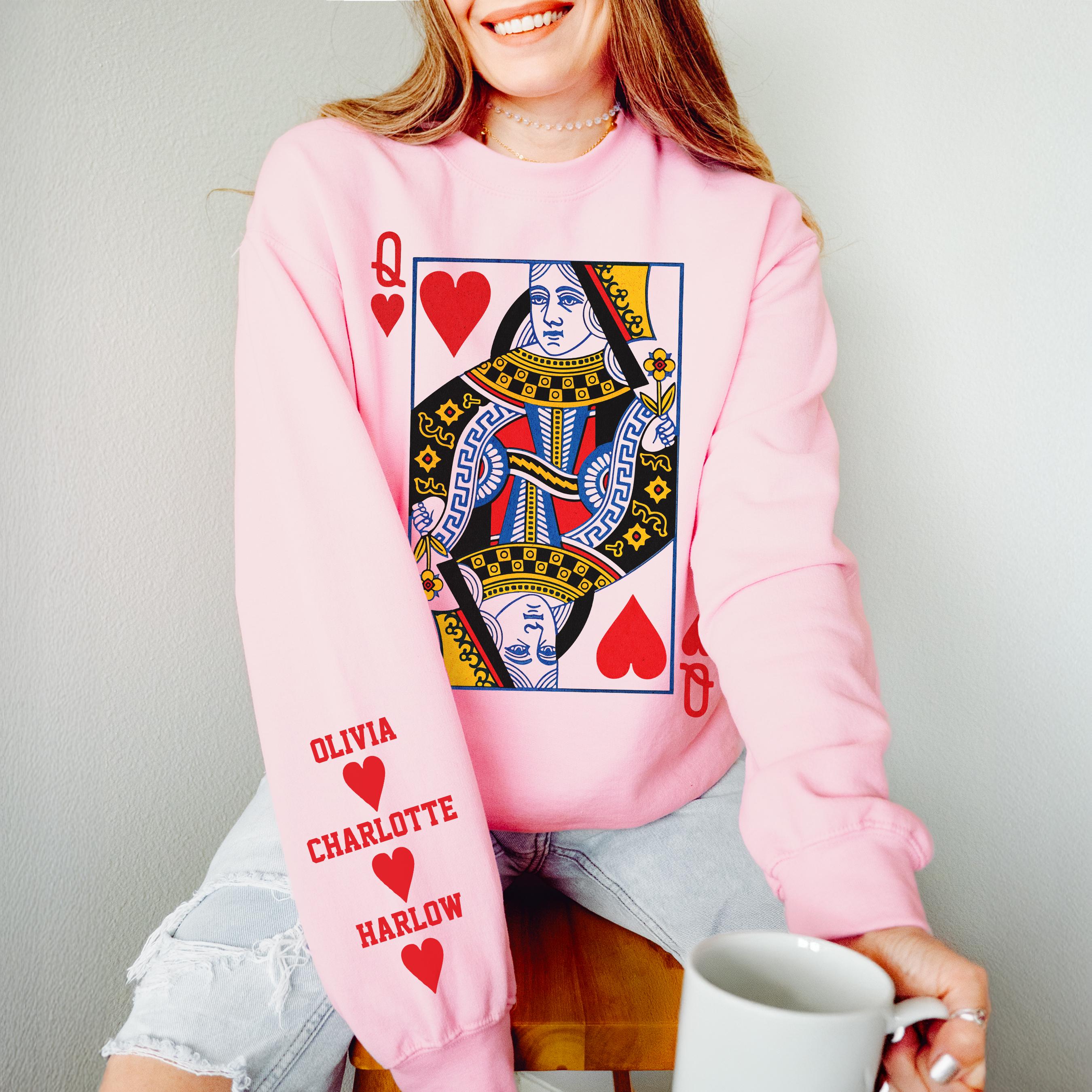 Queen of Hearts Personalized Mothers Day Custom Sweatshirt Gift Mom - Custom Name Valentines Day Gift for Wife - Matching Shirt Kids Names