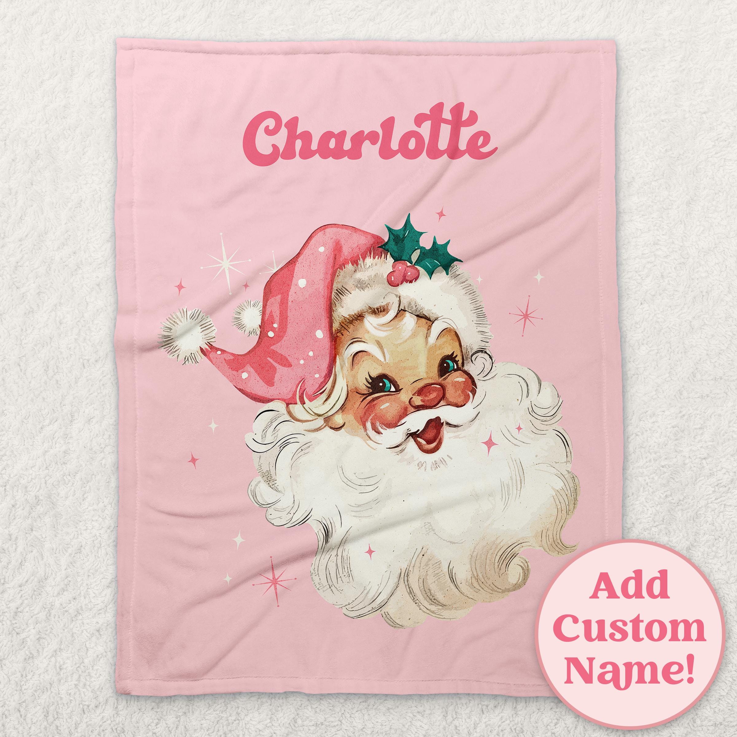 Personalized Blanket Gift for Christmas, Retro Pink Santa Custom Name Holiday Gift, Customized Name Baby Blanket, Family Christmas Gift Kids