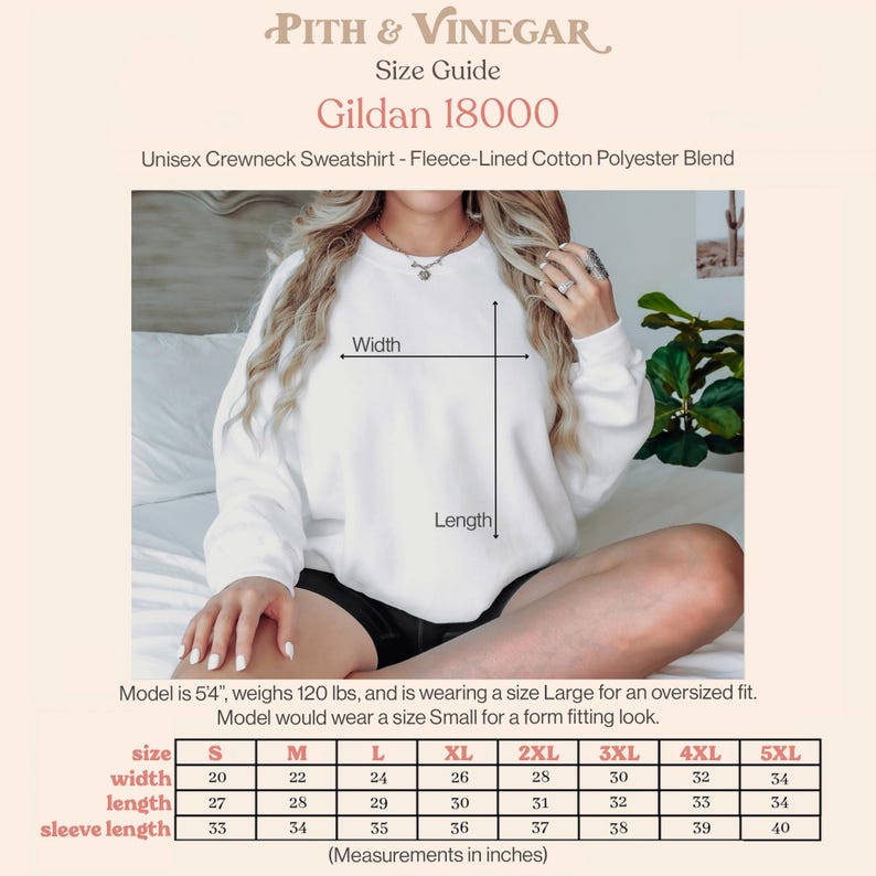 Puede incluir: Sudadera unisex Gildan 18000 blanca con cuello redondo y gu&iacute;a de tallas. La tabla muestra medidas en pulgadas para tallas S a 5XL. La modelo mide 163 cm, pesa 54 kg y usa talla Large para un ajuste holgado.