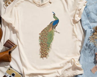 Peacock Shirt, Boho Comfort Colors TShirt, Vintage Graphic Tee, Cottagecore Wildlife Gift for Bird Lover T-Shirt, Botanical Wild Animal Top